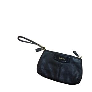 Coach Black Leather Wristlet Pouch Clutch Bag With Gold Accents